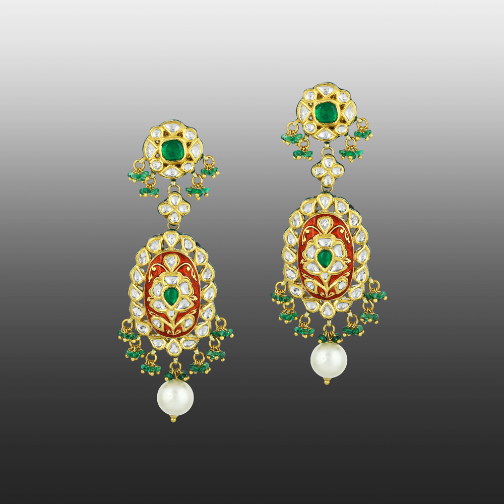 Red Enamel Earrings with Polki, Emerald, Green Beads & Pearl